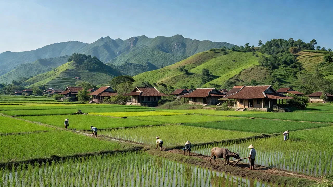 Cảnh đẹp xã Ninh Sơn, nằm trong Thị xã Ninh Hòa, với đồng ruộng xanh tươi và núi non.