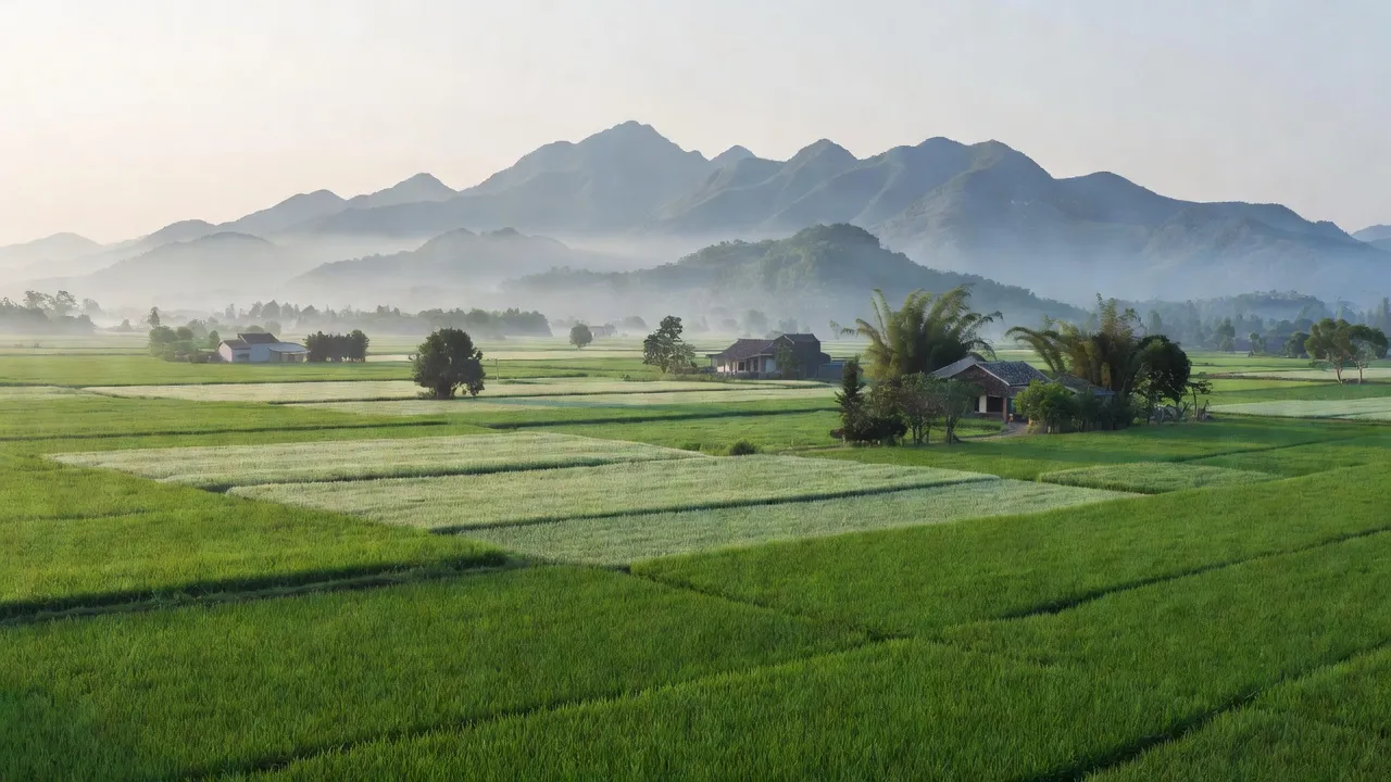 Cảnh quan xã Ninh Sơn, Ninh Hòa, Khánh Hòa với đồng ruộng và núi xanh tươi.
