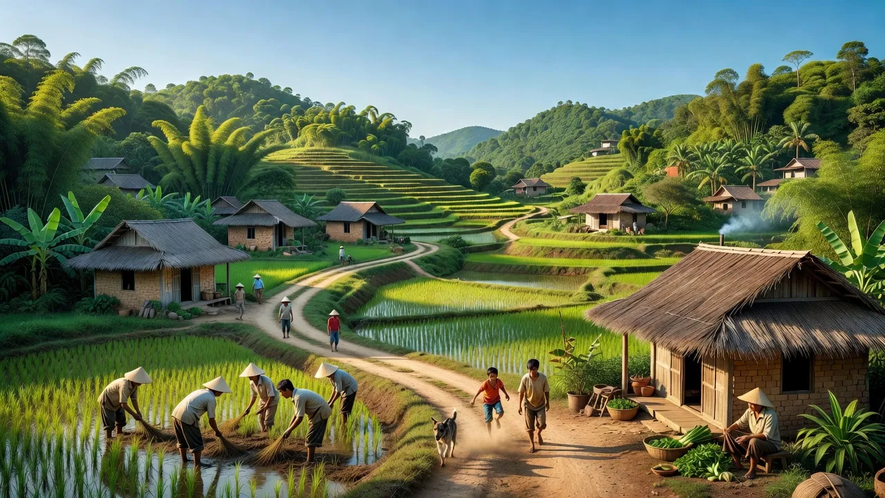 Cảnh đẹp xã Ninh Tân, Thị xã Ninh Hòa, tỉnh Khánh Hòa với đồi xanh và nhà cửa truyền thống.