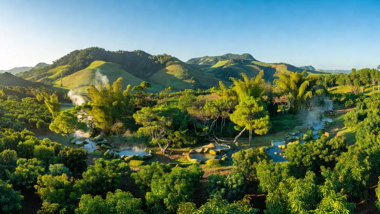 Cảnh sắc xã Ninh Tây, Thị xã Ninh Hòa, Khánh Hòa với rừng xanh, suối nóng và vườn trái cây.