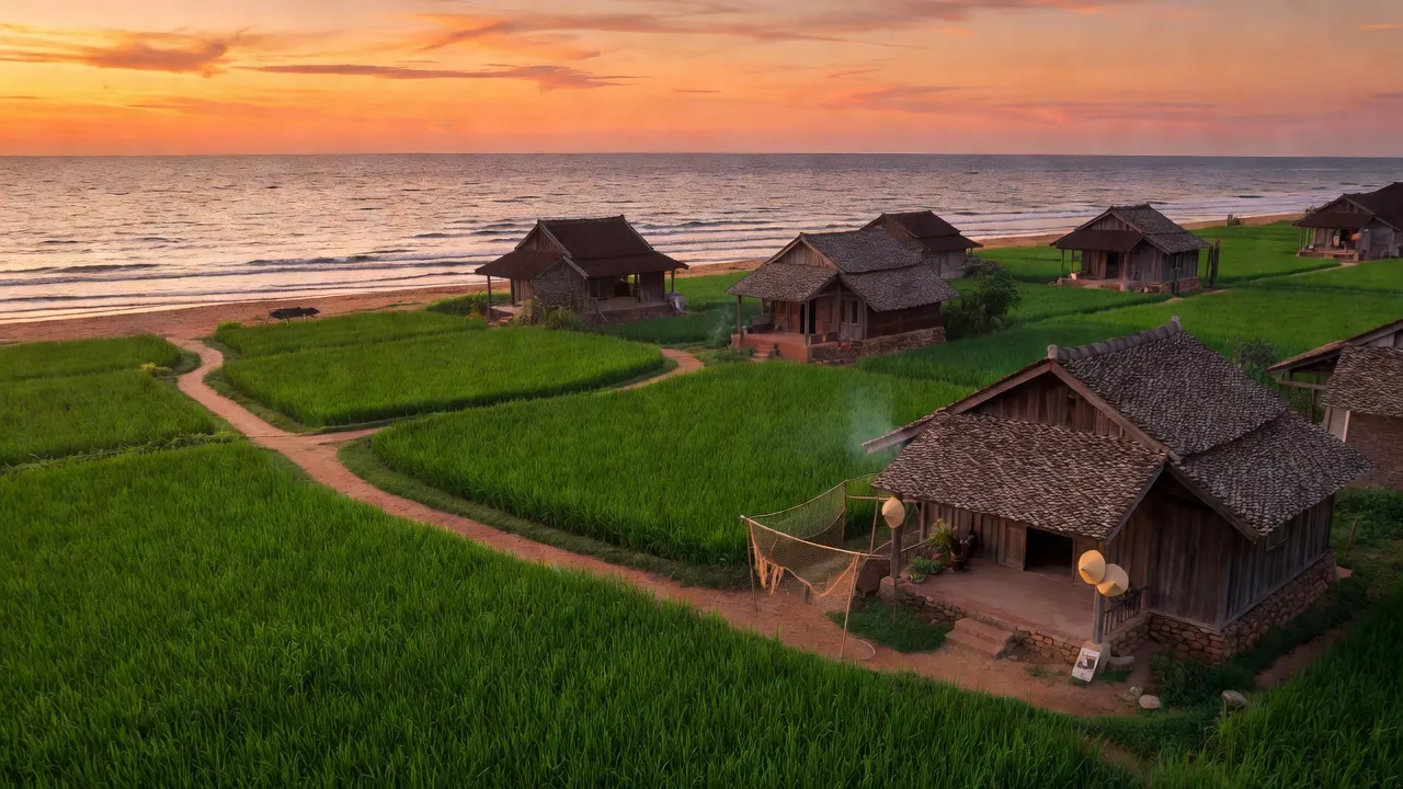 Cảnh quan yên bình ở xã Ninh Thân, thị xã Ninh Hòa, với nhà truyền thống và cánh đồng xanh mát.