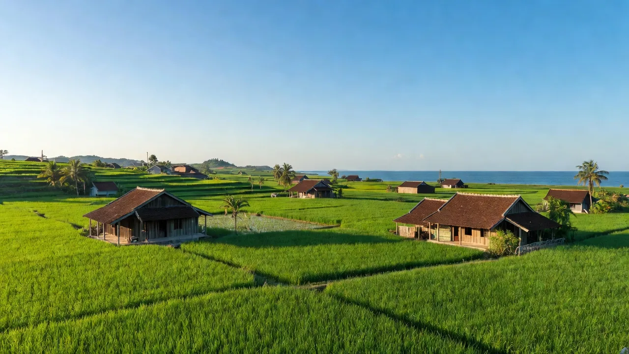 Cảnh quan yên bình xã Ninh Thọ, Thị xã Ninh Hòa, tỉnh Khánh Hòa với cánh đồng xanh mướt.