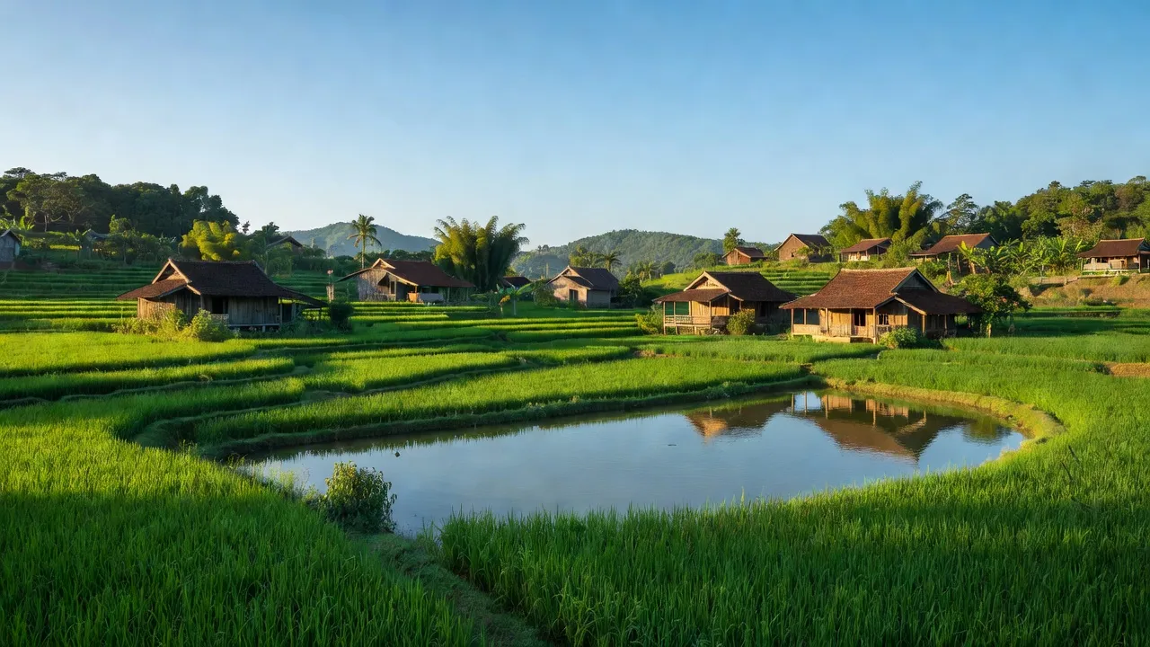 Xã Ninh Thọ, Thị xã Ninh Hòa, Khánh Hòa với cánh đồng xanh và nhà truyền thống.