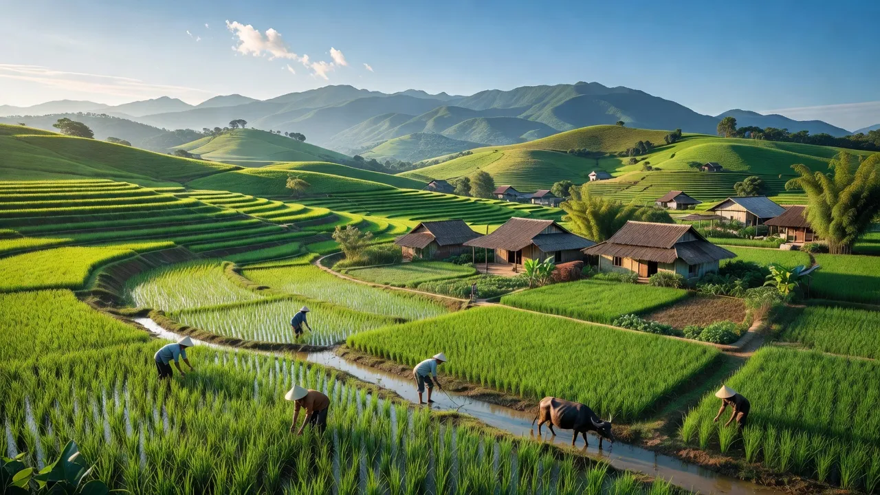 Cảnh quan xã Ninh Thượng, Ninh Hòa, Khánh Hòa với đồng xanh và nhà nông truyền thống.