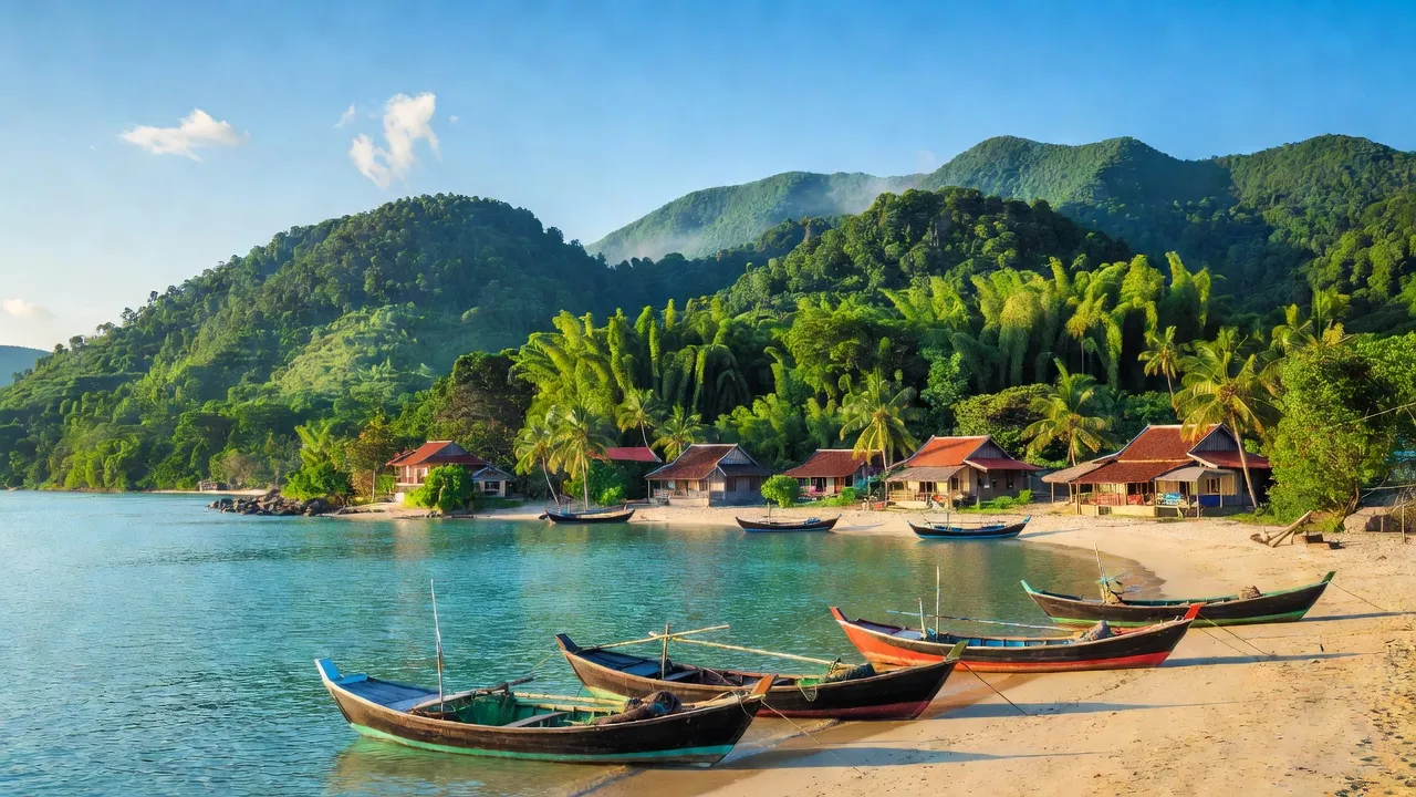 Cảnh biển và núi rừng ở huyện Vạn Ninh, tỉnh Khánh Hòa, với bầu trời xanh rõ ràng.