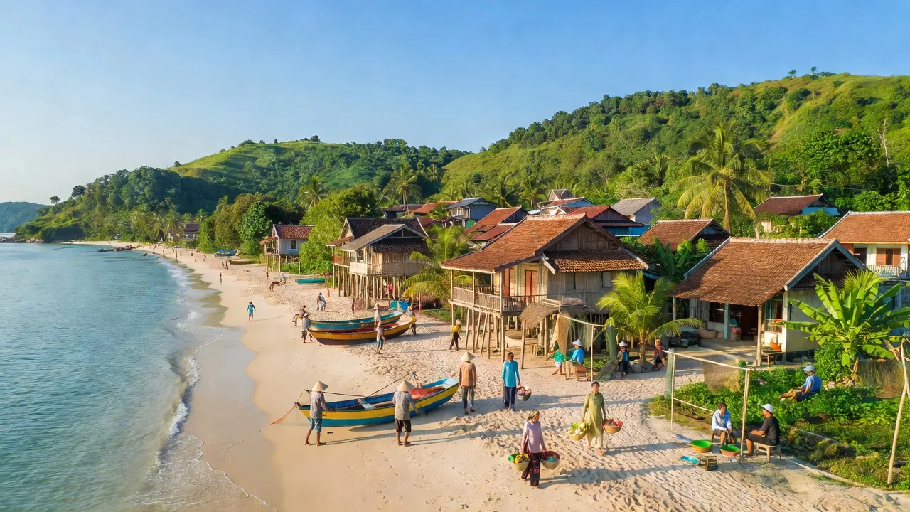 Cảnh biển Xã Đại Lãnh, huyện Vạn Ninh, tỉnh Khánh Hòa, với bãi biển và cuộc sống người dân.