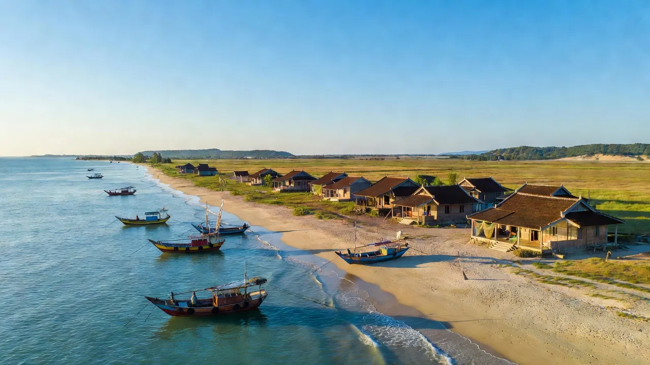 Cảnh đẹp xã Vạn Khánh, huyện Vạn Ninh, tỉnh Khánh Hòa với nhà truyền thống và biển xanh.