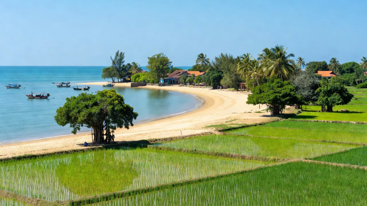 Quang cảnh xã Vạn Khánh, huyện Vạn Ninh, tỉnh Khánh Hòa với đồng bằng ven biển và cây cối.