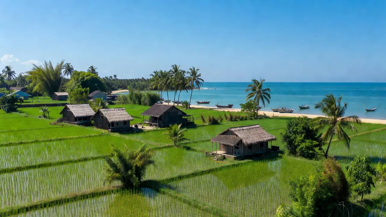 Quang cảnh xã Vạn Long, huyện Vạn Ninh, tỉnh Khánh Hòa với cảnh đồng quê và biển xanh.