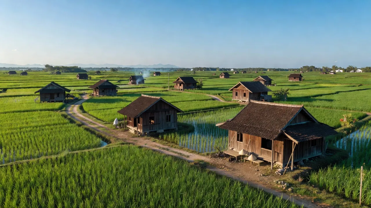 Cảnh làng Vạn Lương, huyện Vạn Ninh, tỉnh Khánh Hòa với cánh đồng xanh tươi và trời trong.