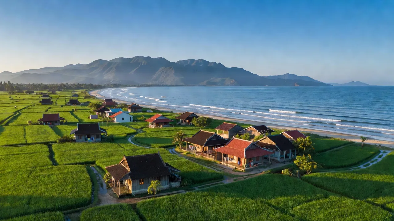 Quang cảnh xã Vạn Lương, huyện Vạn Ninh, tỉnh Khánh Hòa với đồng xanh và nhà truyền thống.
