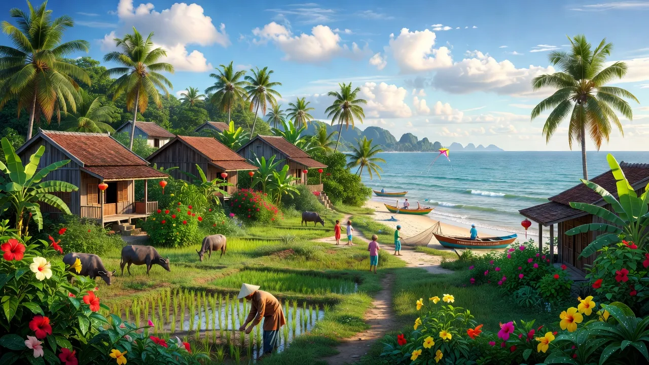 Khung cảnh bình yên Xã Vạn Phú, huyện Vạn Ninh, tỉnh Khánh Hòa với nhà truyền thống và thiên nhiên xanh tươi.