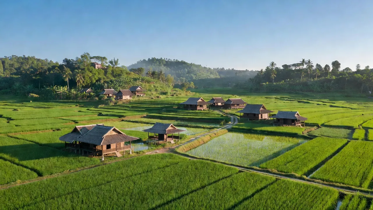 Khung cảnh Xã Vạn Phước, huyện Vạn Ninh, tỉnh Khánh Hòa với cánh đồng xanh và nhà truyền thống.