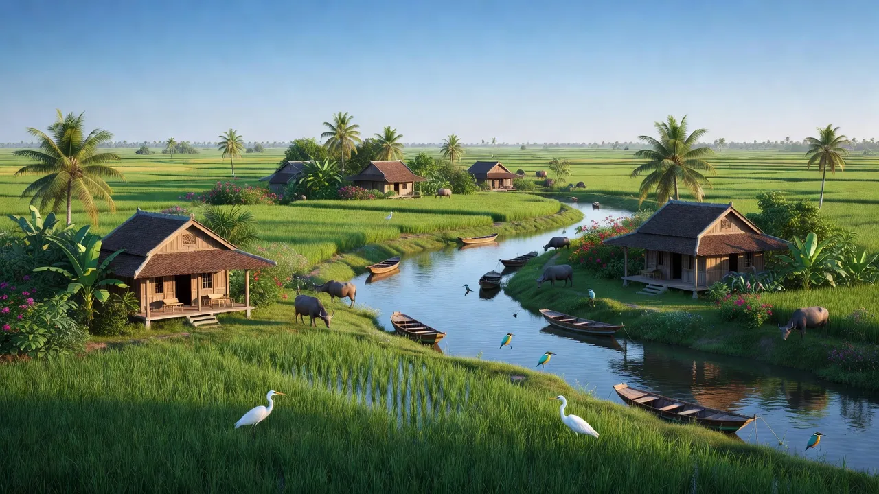 Khung cảnh xã Vạn Phước, huyện Vạn Ninh, tỉnh Khánh Hòa với nhà truyền thống và cánh đồng xanh.