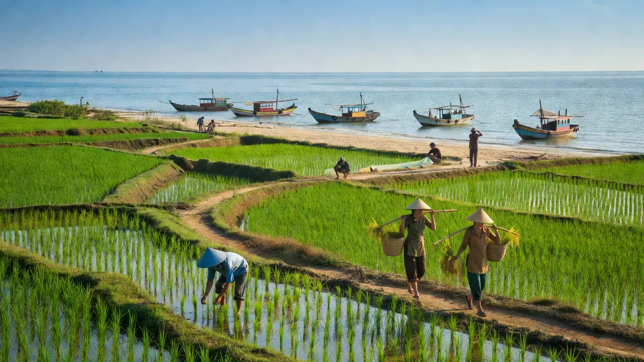 Khung cảnh xã Vạn Thắng, huyện Vạn Ninh, tỉnh Khánh Hòa với đồng lúa xanh và biển