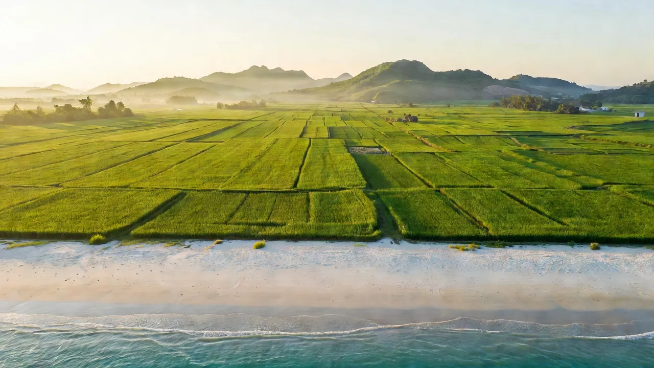 Xã Vạn Thắng, huyện Vạn Ninh, tỉnh Khánh Hòa với bãi biển đẹp và cánh đồng xanh tươi.