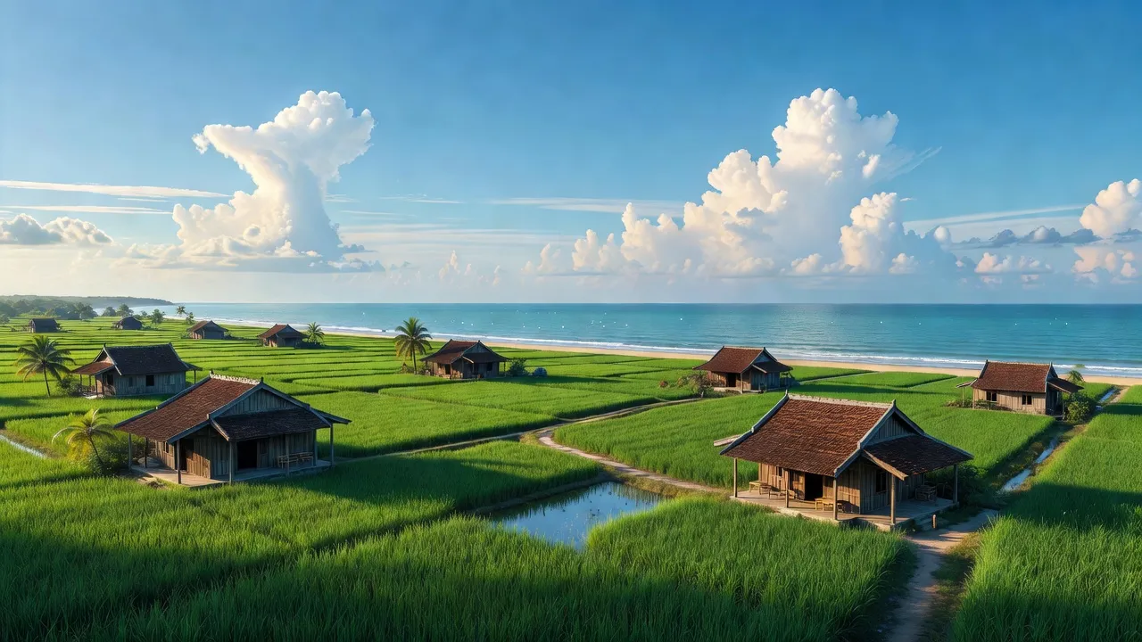 Cảnh đẹp xã Vạn Thọ, huyện Vạn Ninh, tỉnh Khánh Hòa với cảnh biển và đồng ruộng xanh tươi.