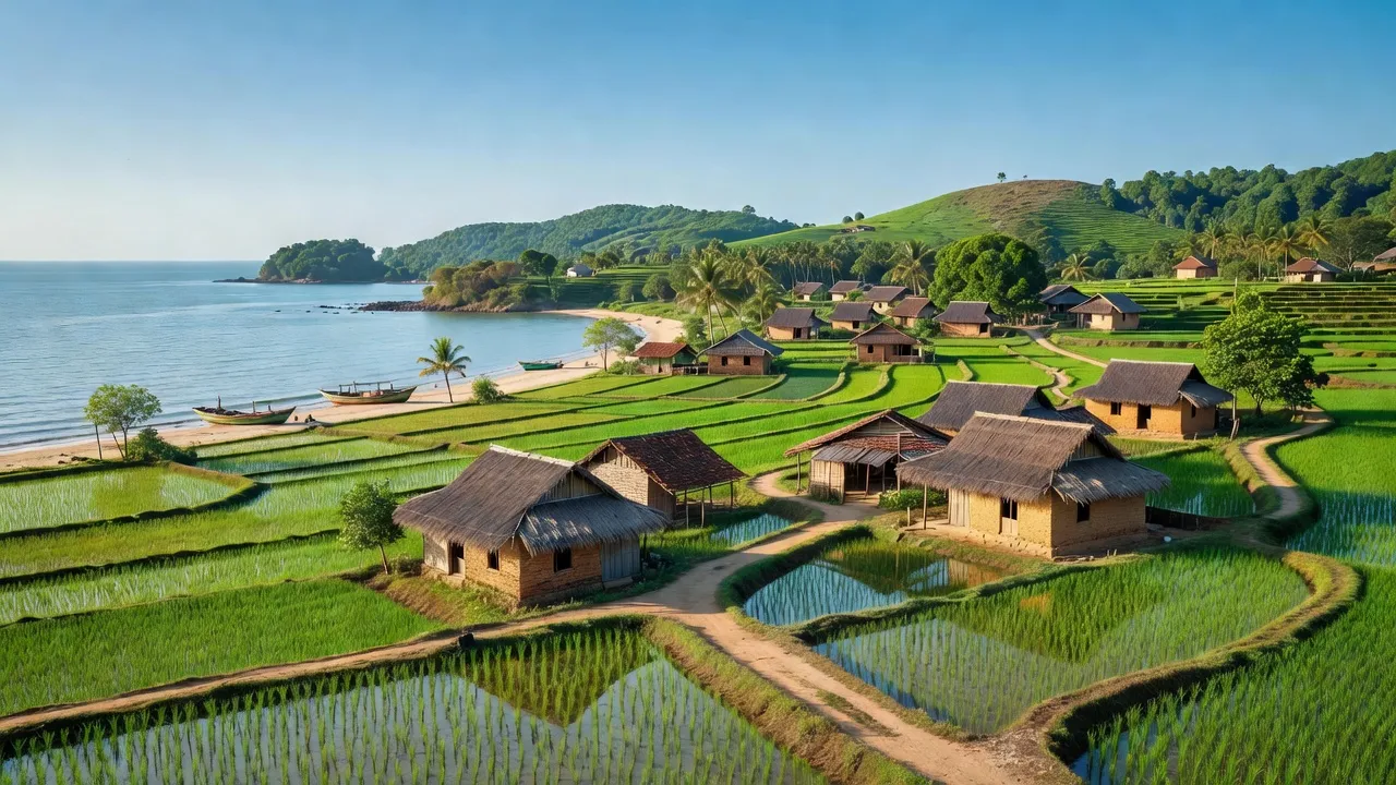 Phong cảnh xã Vạn Thọ, huyện Vạn Ninh, tỉnh Khánh Hòa với đồng ruộng và nhà ở truyền thống.