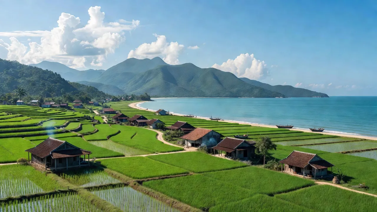 Cảnh đẹp làng Xuân Sơn, Vạn Ninh, Khánh Hòa với đồng xanh, núi và nhà truyền thống.