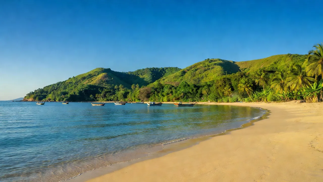 Khánh Hòa province coastal landscape with blue sea, sandy beaches, and green hills, natural beauty.