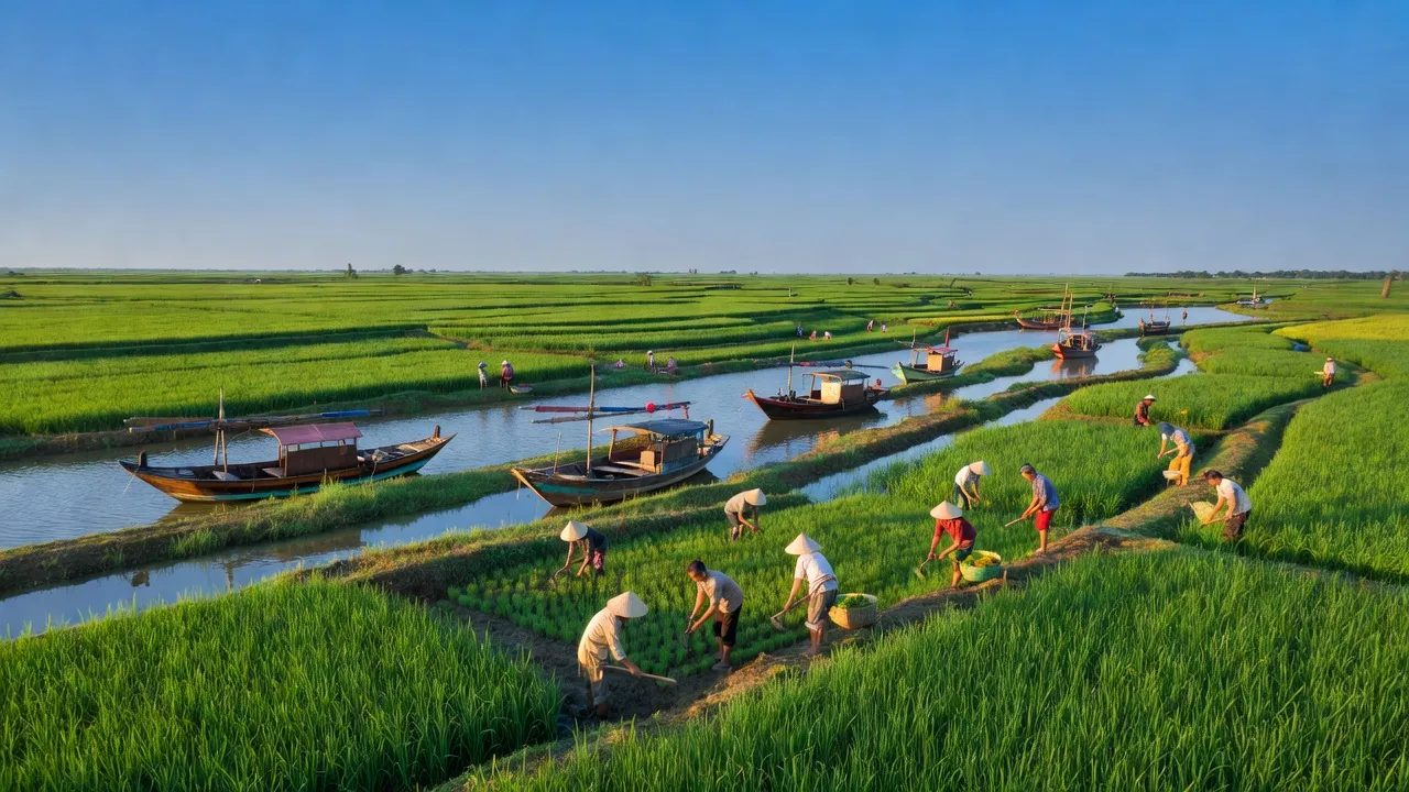 Khung cảnh huyện An Biên, Kiên Giang với cánh đồng xanh và thuyền đánh cá truyền thống.