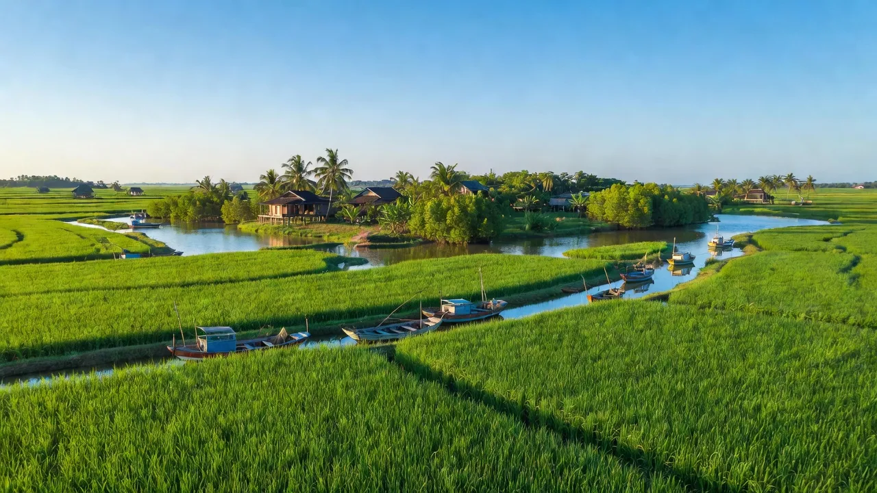 Khung cảnh huyện An Biên, Kiên Giang với ruộng lúa, thuyền đánh cá và ánh nắng. An Biên landscape with rice fields, fishing boats, and sunshine.