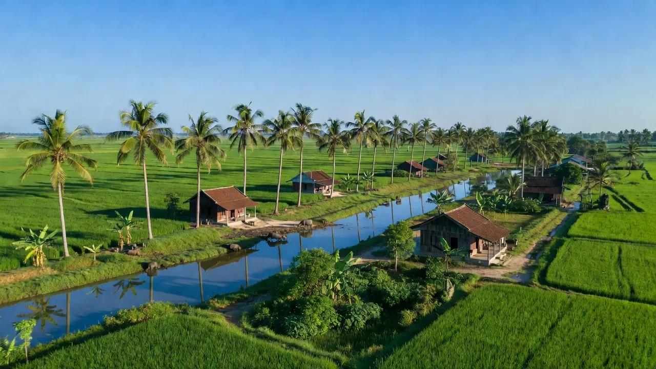 Phong cảnh xanh mướt của xã Đông Thái, huyện An Biên, tỉnh Kiên Giang với cánh đồng và dòng sông.