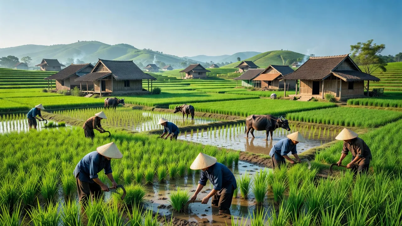 Cảnh đẹp xã Hưng Yên, An Biên, Kiên Giang với cánh đồng xanh và những ngôi nhà truyền thống.