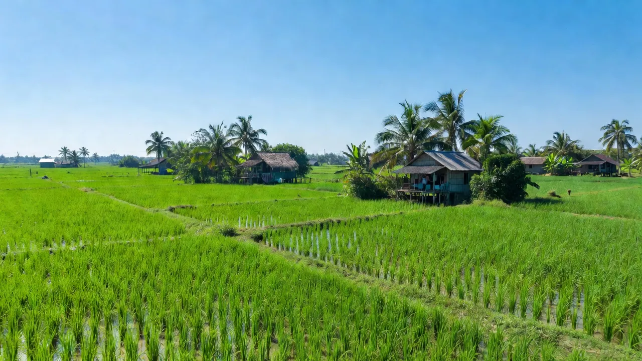 Cảnh đẹp xã Nam Thái A, huyện An Biên, Kiên Giang, ruộng lúa xanh tươi, khí hậu nhiệt đới.