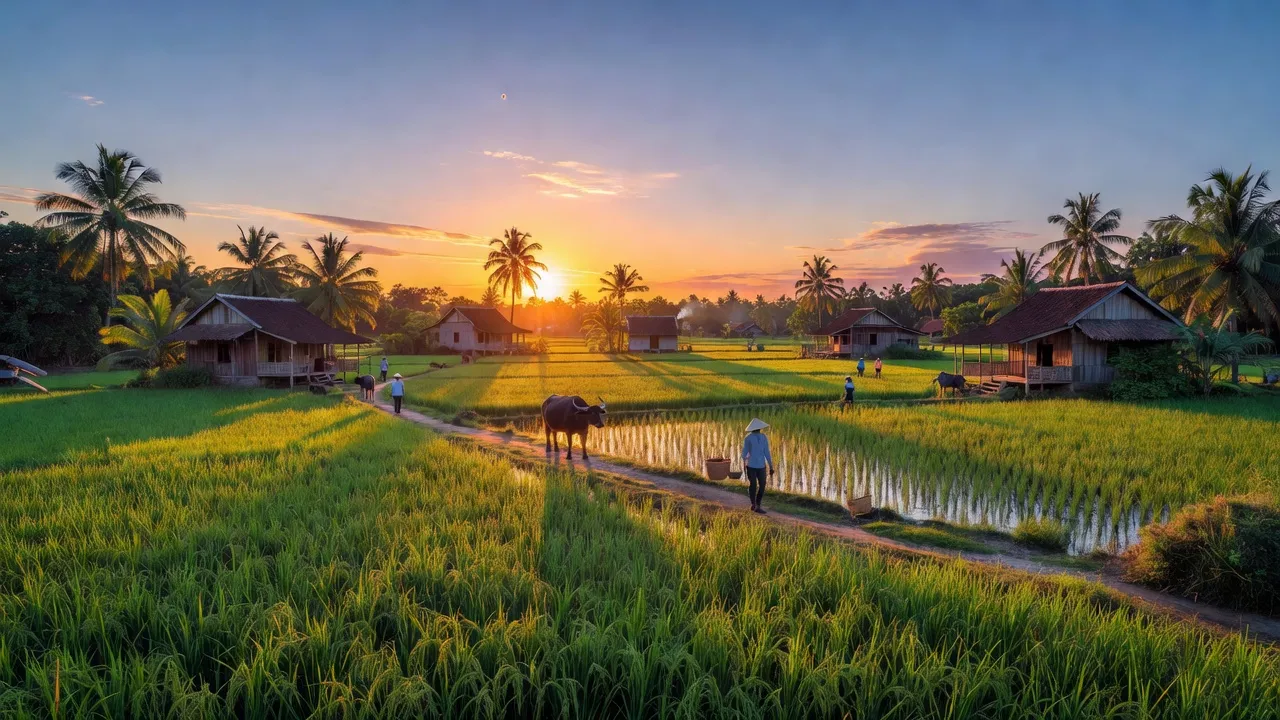 Cảnh đồng quê xã Nam Thái A, huyện An Biên, tỉnh Kiên Giang với bầu trời xanh và ruộng lúa.
