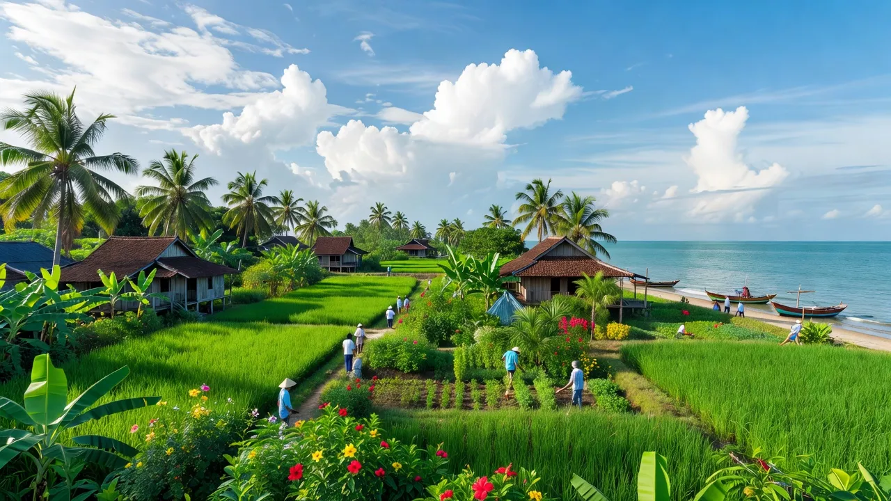 Cảnh biển yên bình ở xã Nam Thái, huyện An Biên, tỉnh Kiên Giang với cây cối xanh tươi.