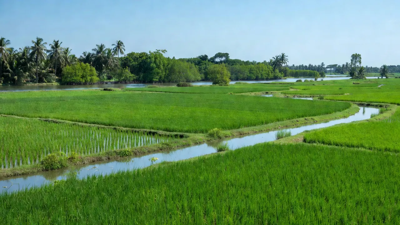 Cảnh đồng xanh tại xã Nam Yên, huyện An Biên, tỉnh Kiên Giang với bầu trời trong xanh.