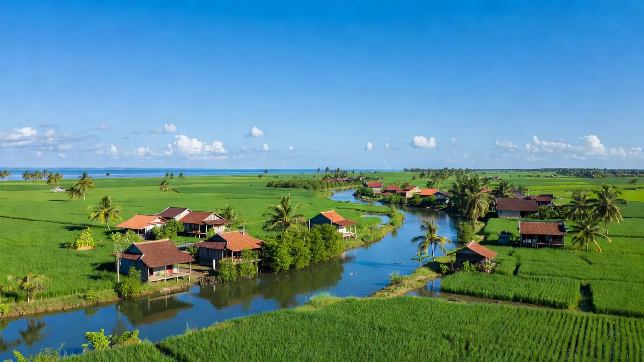 Cảnh quan đồng bằng Nam Yên, An Biên, Kiên Giang với ruộng xanh và sông, ánh sáng nhiệt đới.