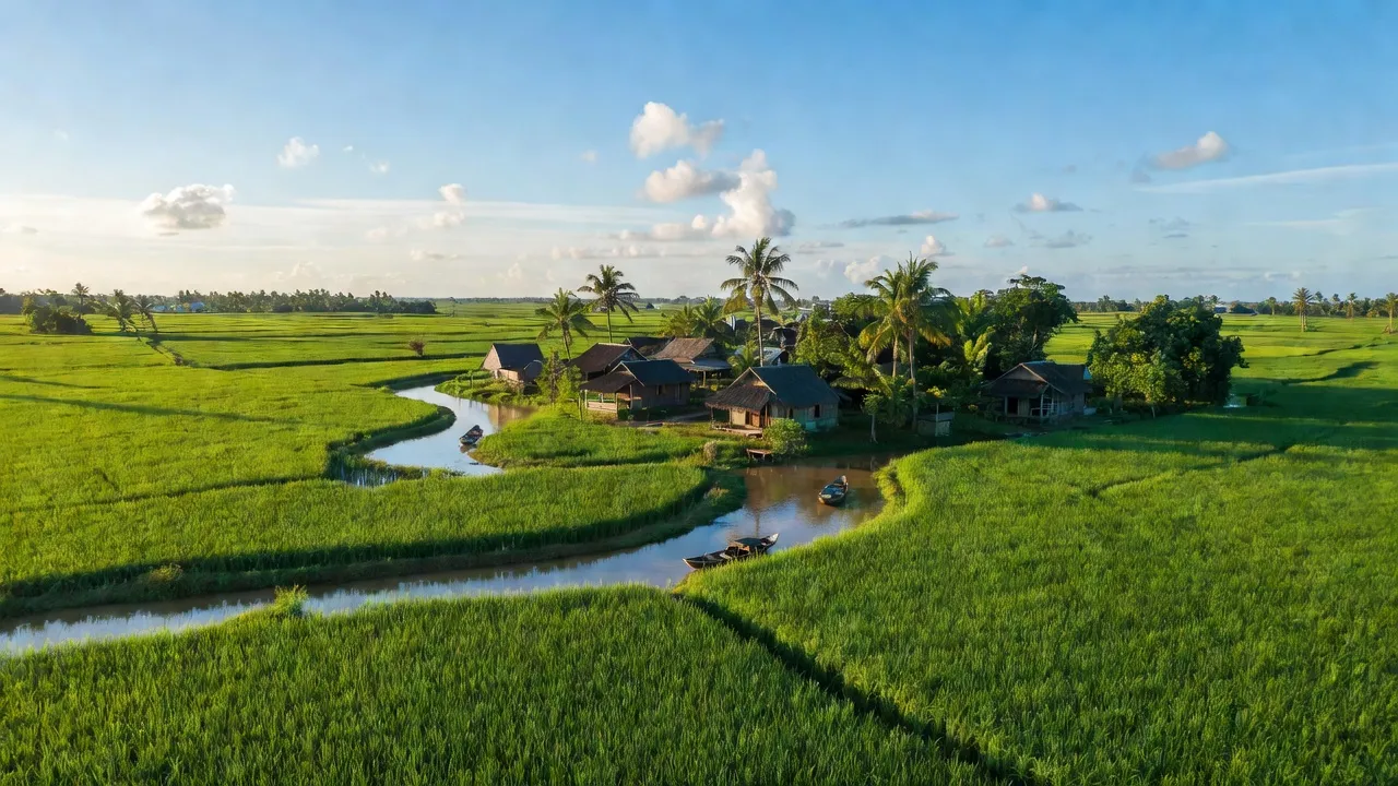 Cảnh quan xanh tươi ở xã Tây Yên A, huyện An Biên, tỉnh Kiên Giang, với ruộng lúa và sông.