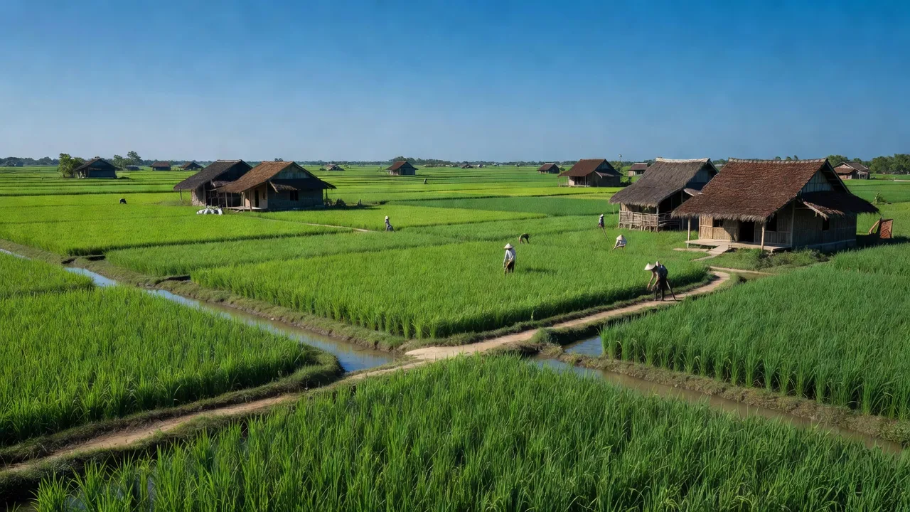 Cảnh quan Tây Yên, An Biên với đồng xanh, nhà truyền thống và bầu trời xanh trong, gợi cảm giác yên bình.