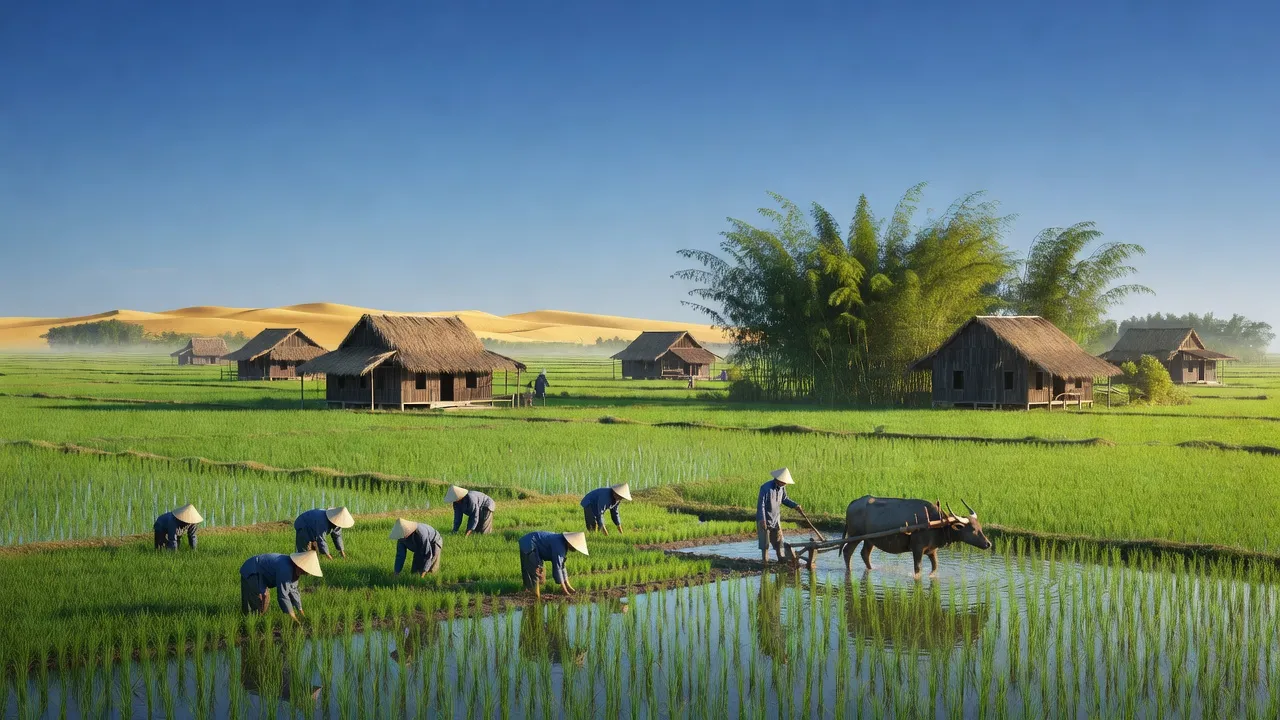 Cảnh đẹp xã Đông Hòa, huyện An Minh, tỉnh Kiên Giang với cánh đồng xanh và ngôi nhà truyền thống.