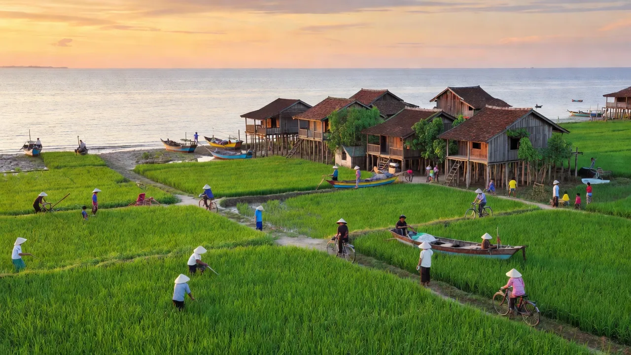 Khung cảnh xanh tươi của xã Đông Hòa, huyện An Minh, tỉnh Kiên Giang, với cánh đồng và kiến trúc Việt Nam.