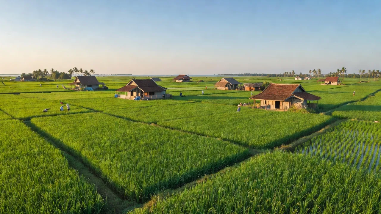 Cảnh đẹp xã Đông Hưng A, huyện An Minh, tỉnh Kiên Giang với cánh đồng và nhà truyền thống.
