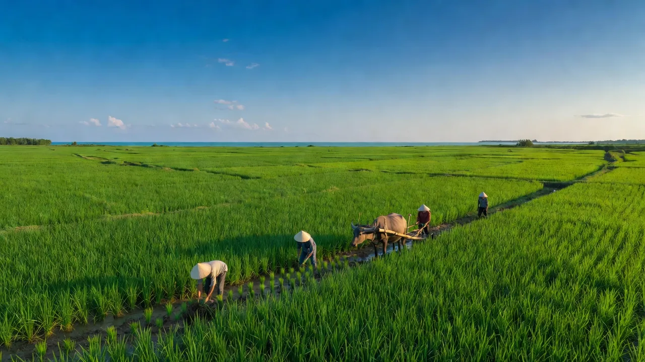 Cảnh quan nông thôn ở xã Đông Hưng A, huyện An Minh, tỉnh Kiên Giang, với đồng xanh và bầu trời trong.