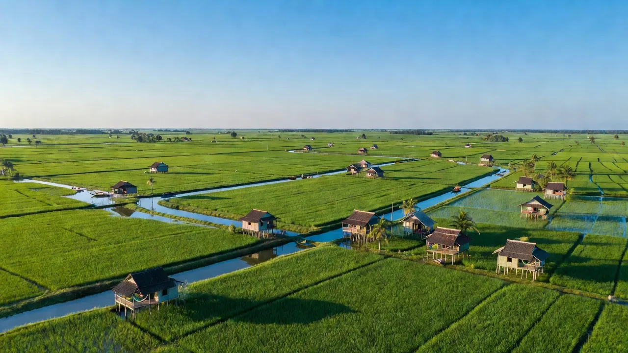 Cảnh sắc đồng bằng xã Đông Hưng B, huyện An Minh, tỉnh Kiên Giang, với kênh rạch và nhà truyền thống.