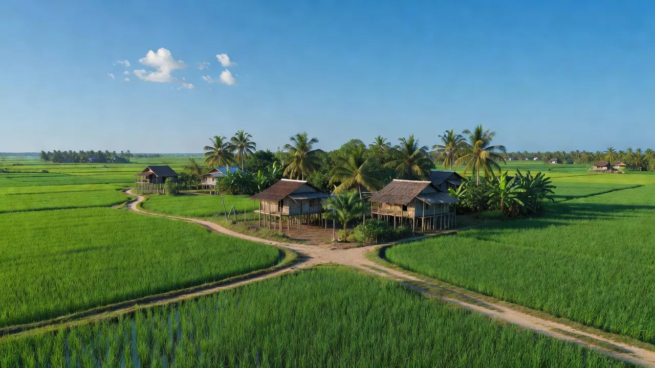 Cảnh đồng xanh và nhà dân ở xã Đông Hưng, huyện An Minh, tỉnh Kiên Giang, Việt Nam.