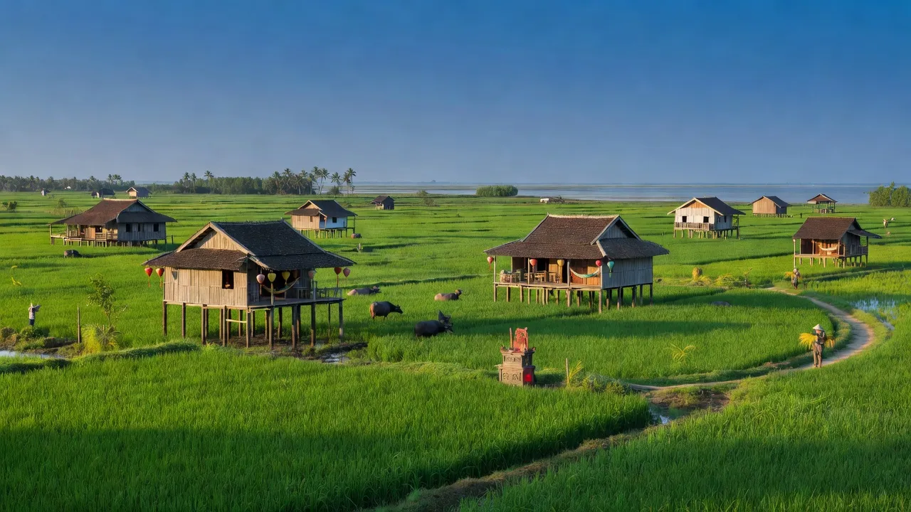 Tầm nhìn đồng quê Xã Đông Hưng, An Minh, Kiên Giang với cánh đồng xanh mướt và nhà truyền thống.