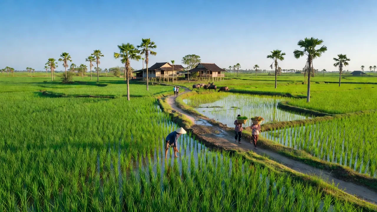 Khung cảnh xã Đông Thạnh, huyện An Minh, Kiên Giang với ruộng lúa và cây cọ xanh mướt.