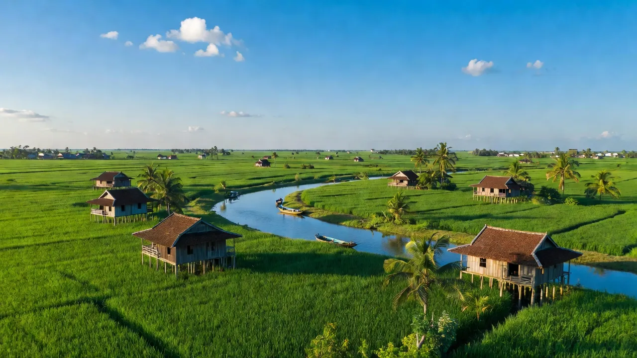Quang cảnh xã Đông Thạnh, An Minh, Kiên Giang với cánh đồng xanh mướt và nhà truyền thống.