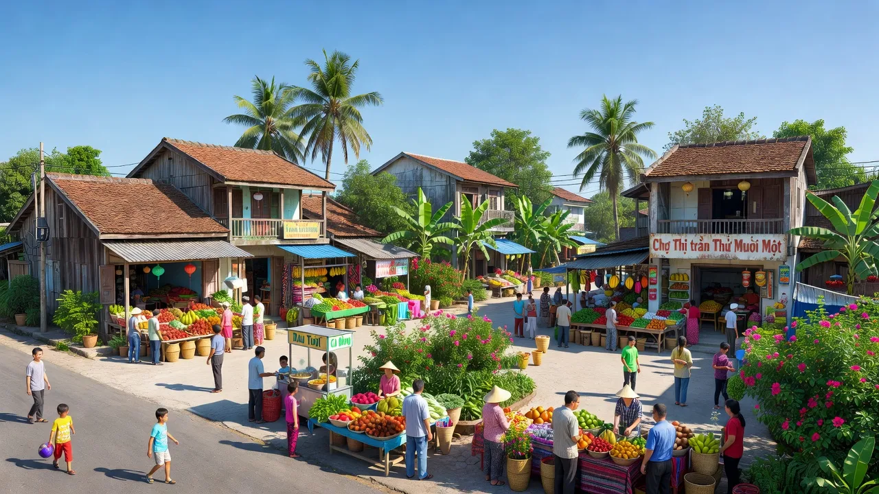 Khung cảnh nhộn nhịp của thị trấn Thứ Mười Một, Huyện An Minh, Kiên Giang với cây xanh và hoạt động cộng đồng.