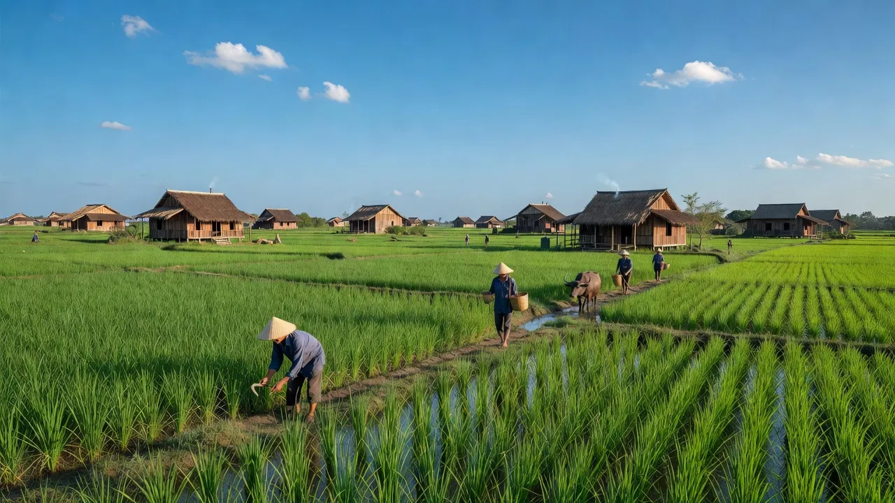 Cảnh quan rural Thuận Hoà, An Minh, Kiên Giang với ruộng lúa xanh và nhà truyền thống.
