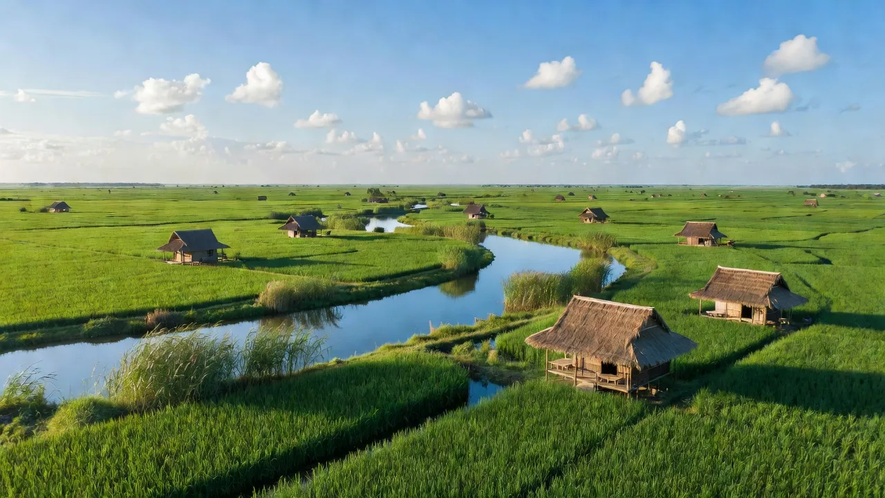 Khung cảnh yên bình Xã Thuận Hoà, Huyện An Minh, Kiên Giang với đồng xanh và nhà tranh.