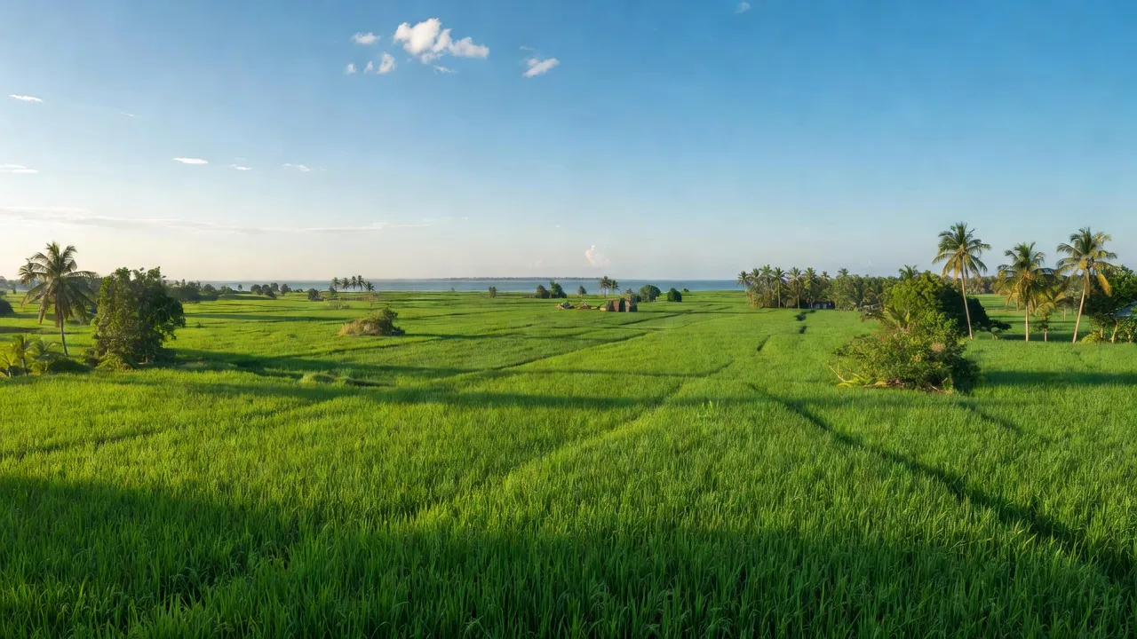 Cảnh đồng xanh Vân Khánh Tây, An Minh, Kiên Giang, với bầu trời sáng và nét đẹp tự nhiên.