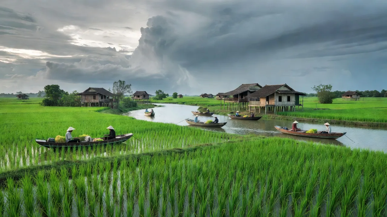 Khung cảnh yên bình của Xã Vân Khánh Tây, Huyện An Minh, Tỉnh Kiên Giang với cánh đồng lúa và thuyền.