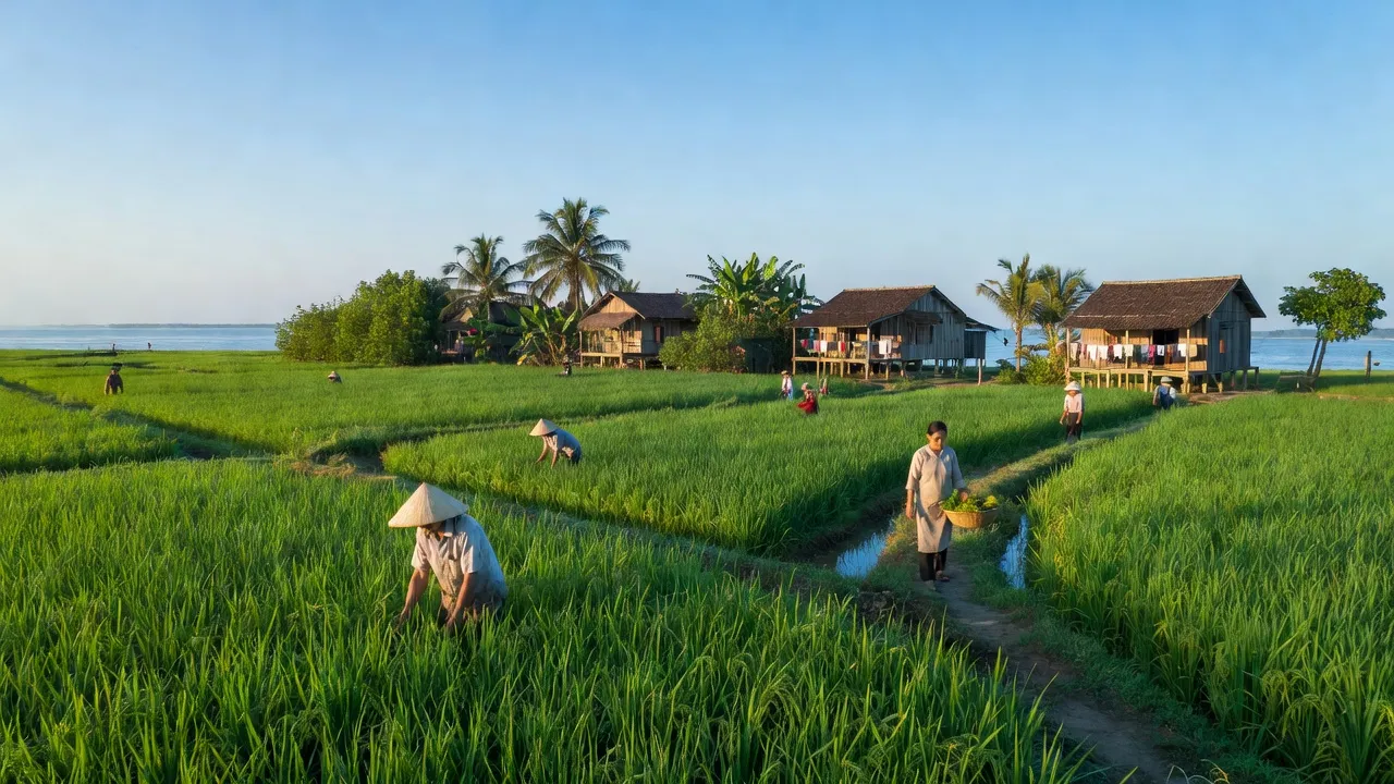 Cảnh quan xã Vân Khánh, Huyện An Minh, Kiên Giang với đồng xanh và bầu trời trong
